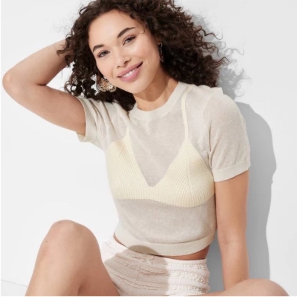 Knit Bralette-Detail Lightweight Sweater Tee - Size L